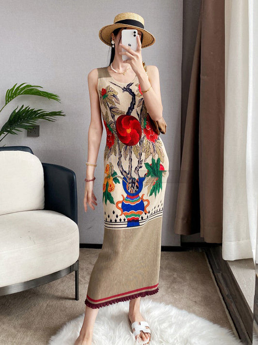 Pleated Printed Vest Lady's Dress 2024 New Summer Hong Kong Style Retro round Neck Elegant Sleeveless over-the-Knee Dress