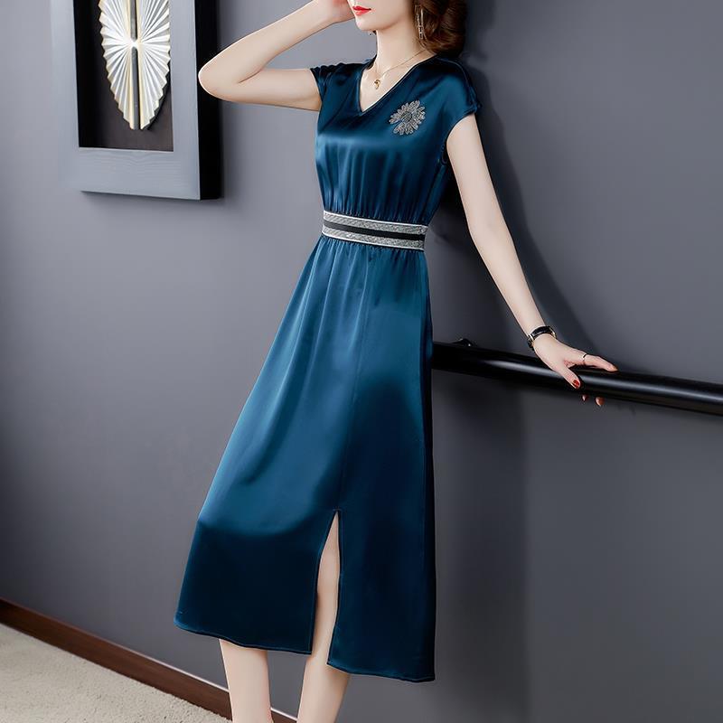 Acetate Satin V-neck Youthful-Looking Dress Women's Clothing Summer 2023 New Elegant Slim Mid-Length Overknee Skirt