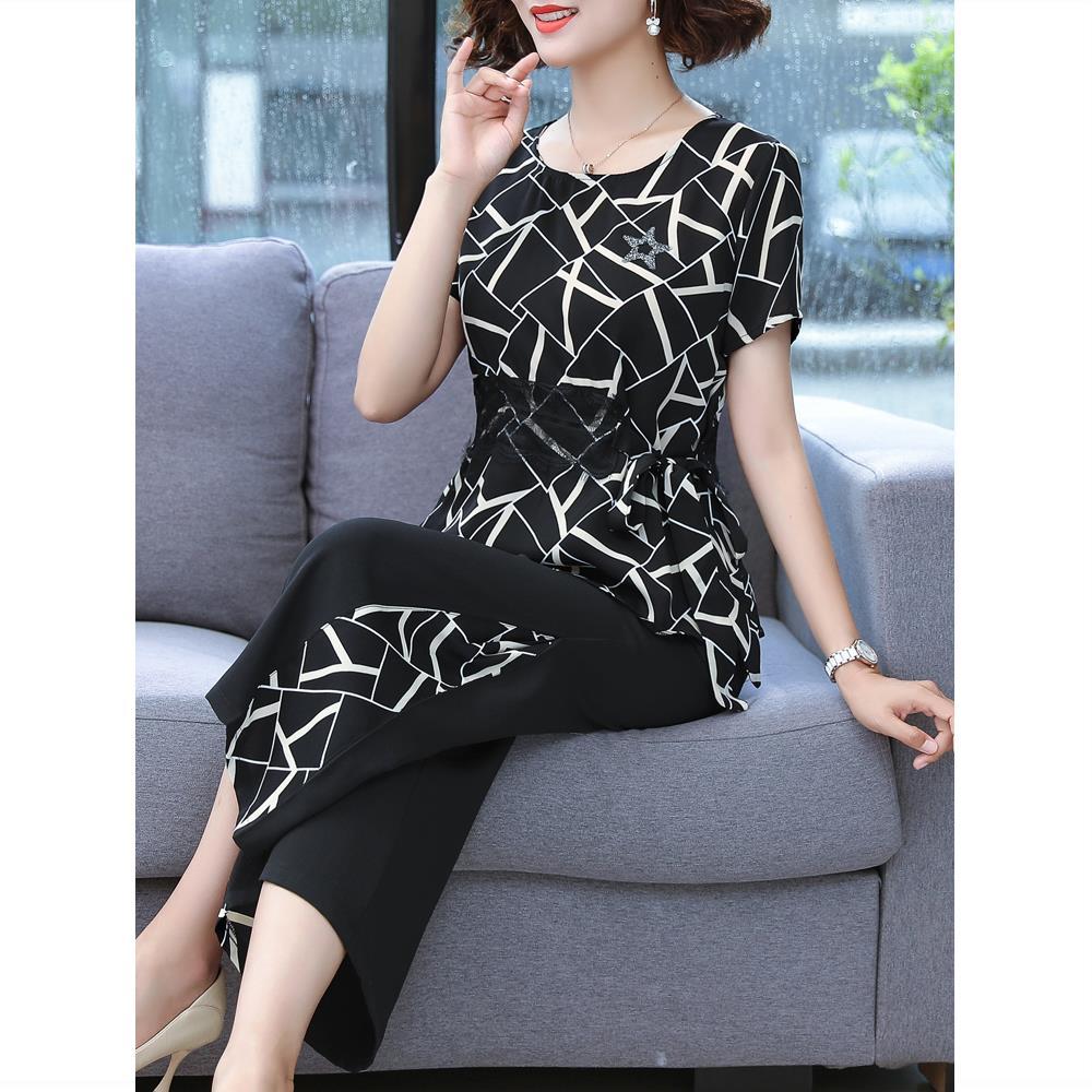 Middle-Aged Mom Summer Clothes Women's Chiffon Shirt Short-Sleeved Two-Piece Suit Middle-Aged and Elderly Wide-Leg Pants Fashion Suit plus Size