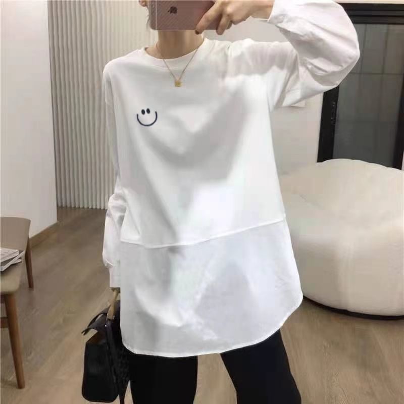 White T-shirt Women's Long Sleeve 2024 Spring and Autumn New Mid-Length Cotton Loose Inner Wear Shirt Stitching Bottoming Shirt Fashion