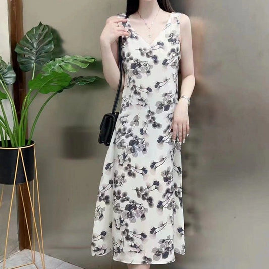 2023 New Summer Long Dress Advanced Satin Floral Suspender Skirt Wide Shoulder Strap Large Skirt Swing Skirt Floral Elegant