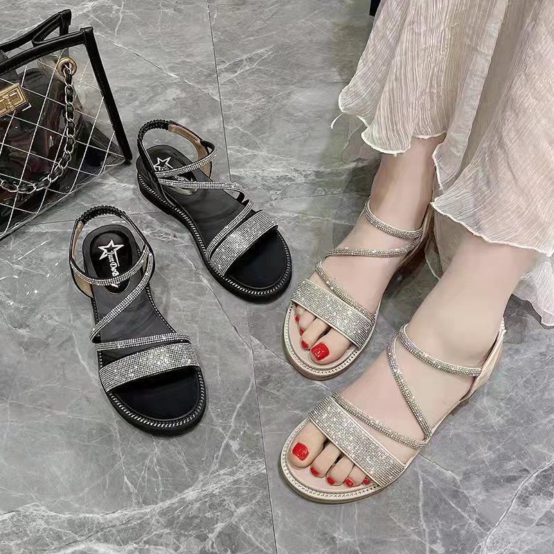 Fairy Style Rhinestone Roman Sandals Women's 2022 New Preppy Style Oxford Soft Bottom Breathable Gentle High-End Sandals