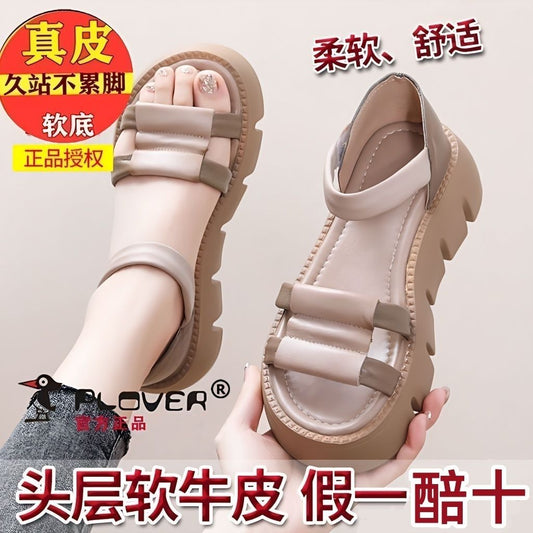 Plover Genuine High-Quality Soft Leather Platform Roman Shoes Women's Open Tooth Peep Toe Shoes Color Matching Retro Velcro Sandals