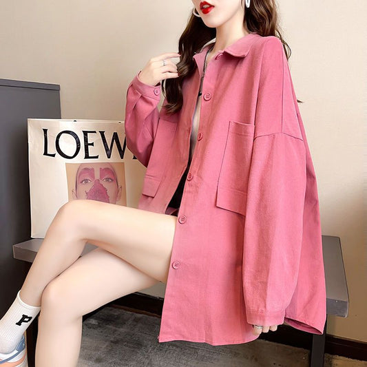 Mid-Length Shirt for Women Spring and Autumn New Japanese Girl Loose Women's Wear Coat Fashionable All-Matching Large Size Shirt Top