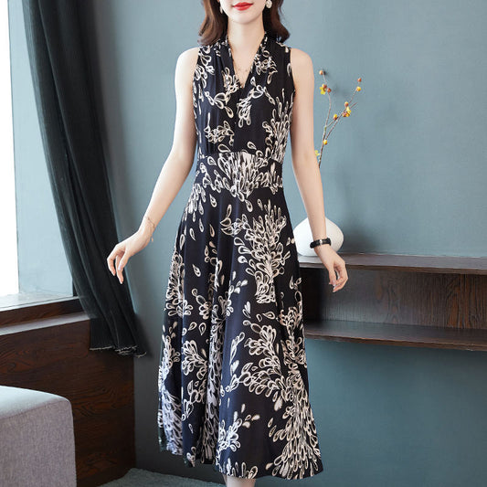 Middle-Aged Mom Dress Summer High-End 2023 New Temperament Youthful-Looking Sleeveless Floral Milk Silk Long Skirt