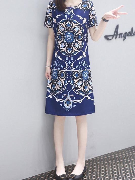 2024 Summer Fashionable New Style Waist Slimming Mid-Length Retro Positioning Printed Fashionable Elegant Dress Short Sleeve