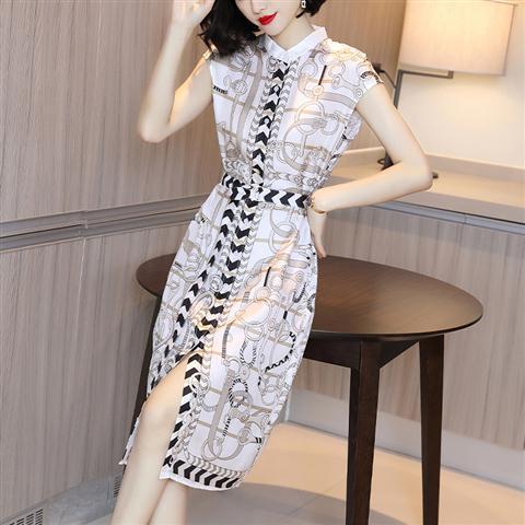 Heavy Artificial Silk Dress for Women Summer 2023 New Short Sleeve Slim Shirt Dress Mid-Length Printed Skirt Fashion