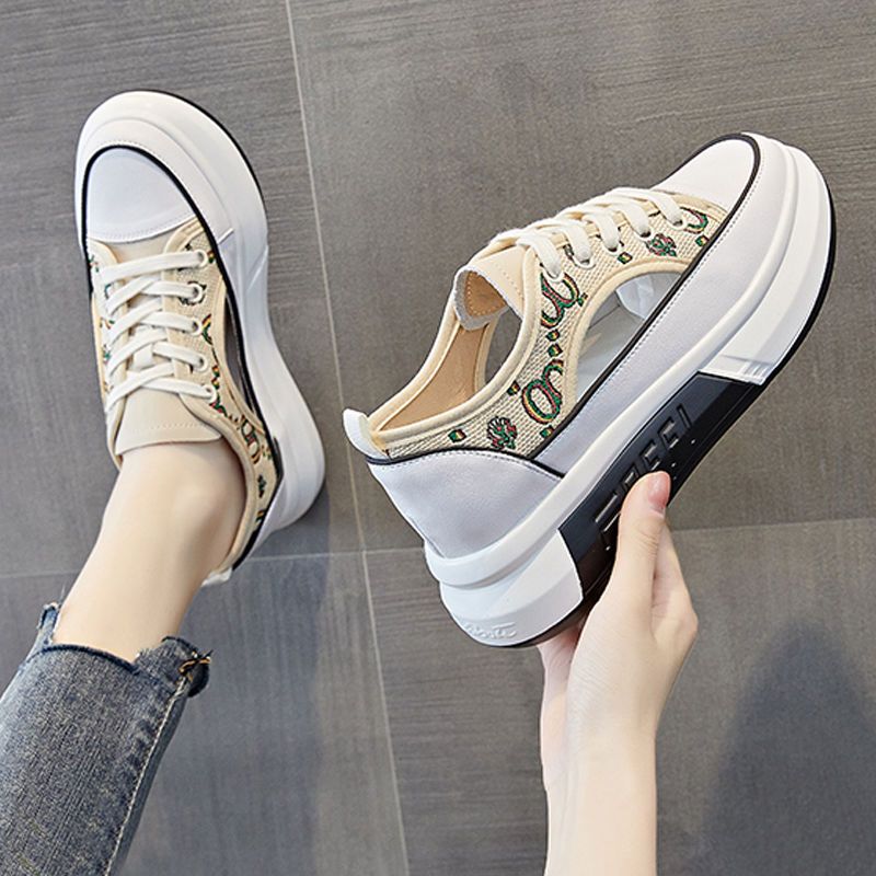 Women's Thick-Soled Canvas Shoes 2022 Summer New Hollow All-Match Casual Sneakers Platform Shoes Internet Celebrity Sports White Shoes Tide