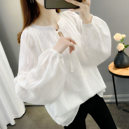 Western Style Lace-up Thin Chiffon Shirt for Women 2023 Spring and Summer New Loose Oversized Fat Hiding Pullover Outerwear Top