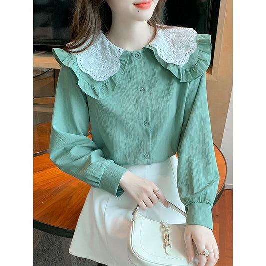 Long Sleeve Double Doll Collar Shirt Women's Wear Matching Spring Clothes 2024 New Spring Clothes Fashion Trendy Shirt