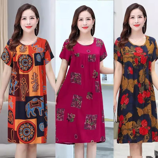 Summer Artificial Cotton Nightdress Women's Middle-Aged and Elderly Short Sleeve Pajamas Mid-Length Loose Large Size Mom Dress Home Wear