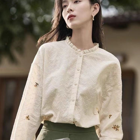 Autumn 2023 New High-End Stand Collar Ruffled Long-Sleeved Embroidered Shirt Ladies French Lace Pure Cotton Shirt