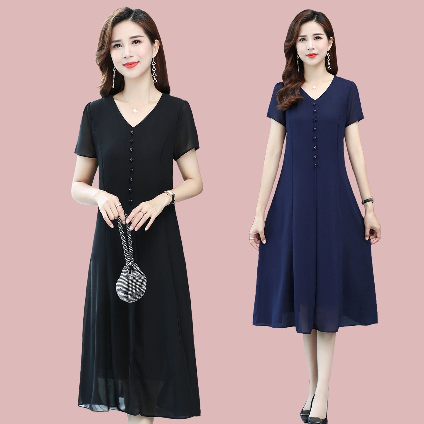 2022 New Summer Dress Mother's Chiffon Dress 40-50 Middle-Aged and Elderly Women Solid Color Overknee A- line Skirt