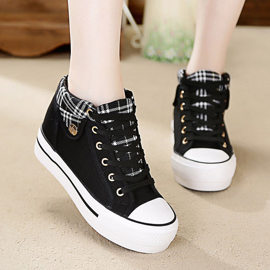 2024 Spring New Canvas Shoes Women's Shoes Thick Bottom Height Increasing Insole Korean Style Color Matching Muffin Student Shoes Trendy Cloth Shoes