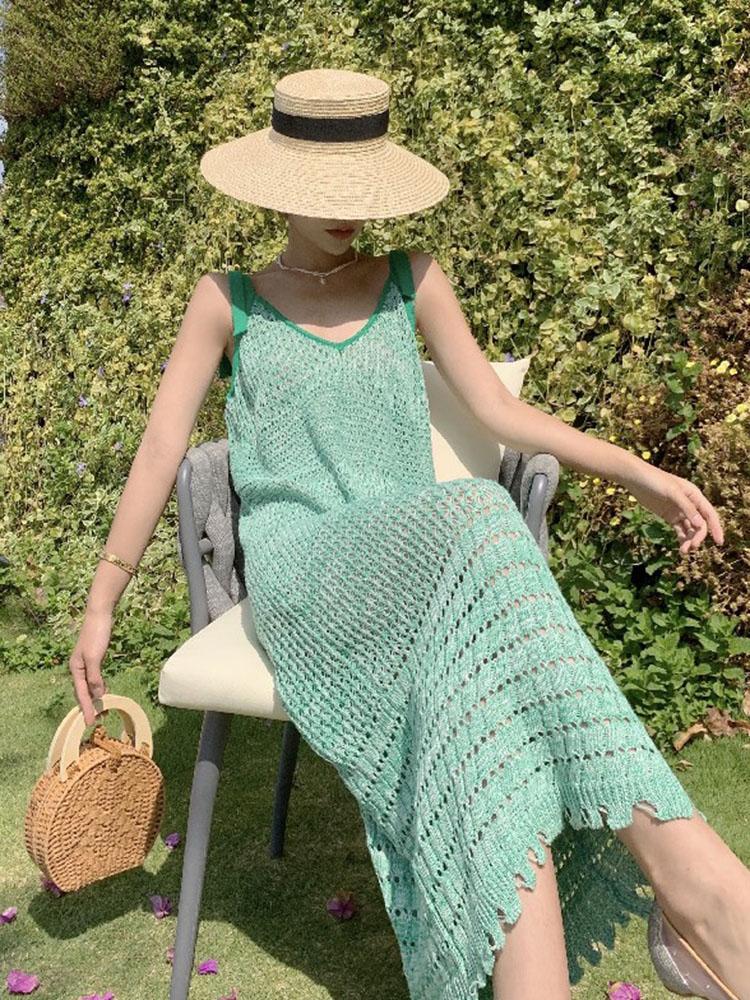 Green Fairy Dress Thin Summer Seaside Holiday Beach Dress Super Fairy Sleeveless Lace-up Knitted Sling Dress