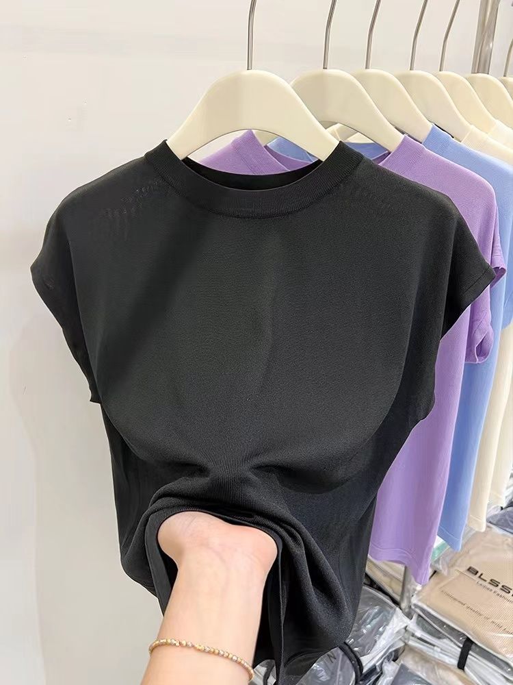 Ice Silk Short Sleeve T-shirt Women's Summer New High-End Fashionable round Neck Top Loose Slimming Thin Knitted Batwing Shirt