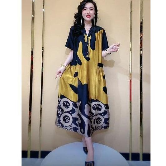 Big Brand Silk Dress 2024 Summer New Retro Fashion Mulberry Silk Loose Belly Cover Slimming Large Size Dress