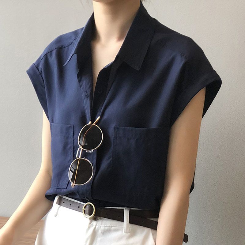 White Shirt Women's Summer Short Sleeve Design Sense Niche Young Thin Loose Retro Hong Kong Style Sleeveless French Top