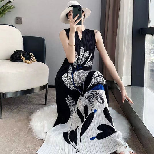 Sanzhai Pleated Ink Print Vest Dress Long Dress Summer 2024 New Slimming Dress Elegant Temperament Youthful-Looking