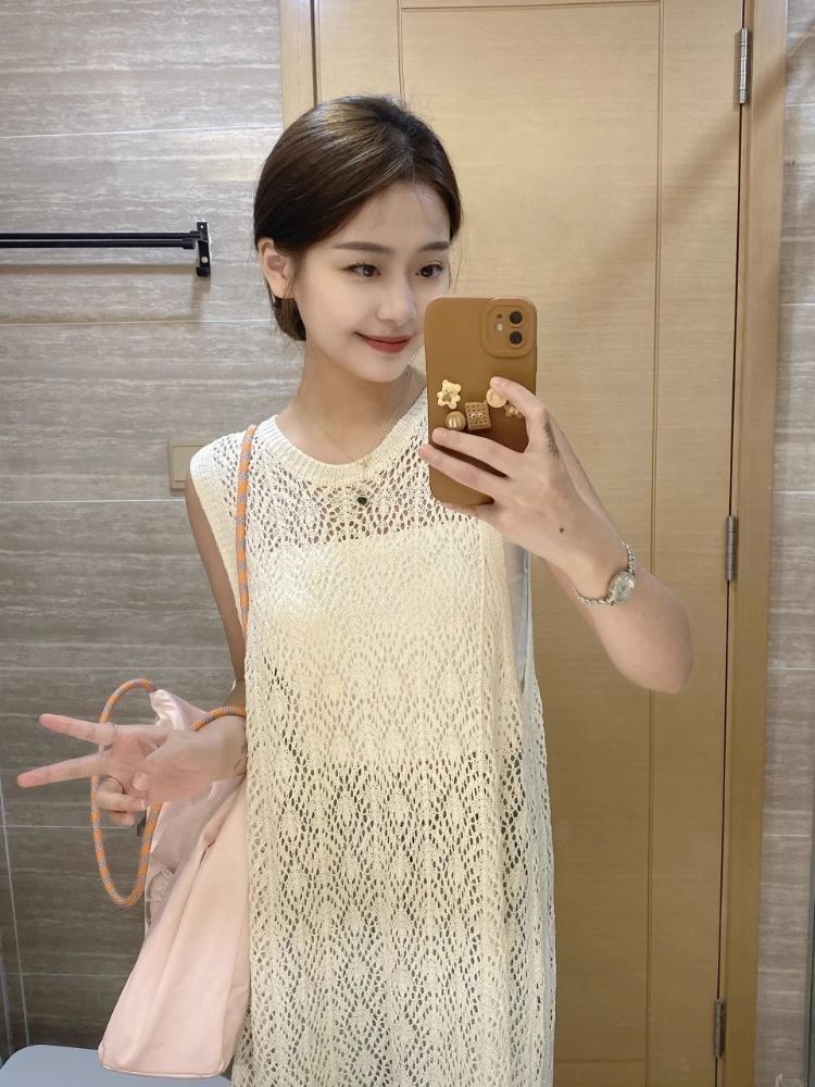 Hollow-out Blouse Long Sweater Women's Summer Thin Stacked Dress Outer Backless Split Sleeveless Vest Dress