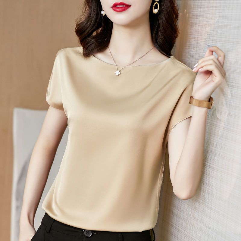 Elastic Satin Fabric Top High-End Undershirt Women's Spring and Summer Silky Western Style with Skirt Raglan Sleeve Short Sleeve T-shirt