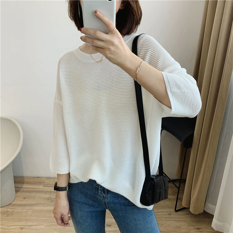 Summer Women's V-neck Mid-Length 3/4 Sleeve Loose Slimming Thin Ice Silk Knitted T-shirt Women's Top Large Size Women's Clothing