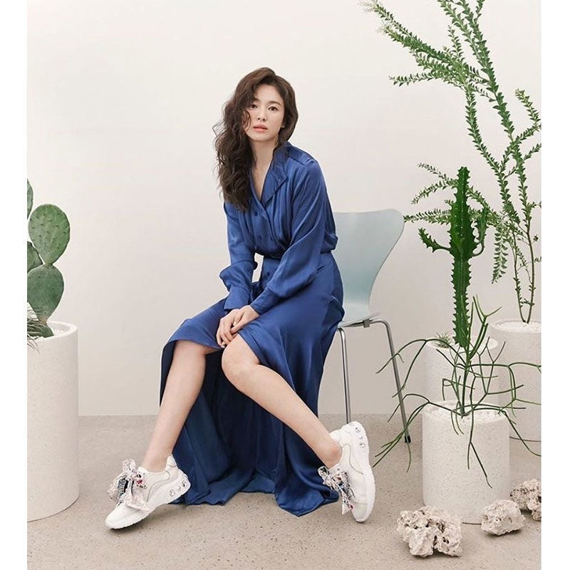 Song Huiqiao Celebrity Style Elegant Dress Dark Blue Elegant Retro Slim Shirt Dress Long Sleeve Female Dress