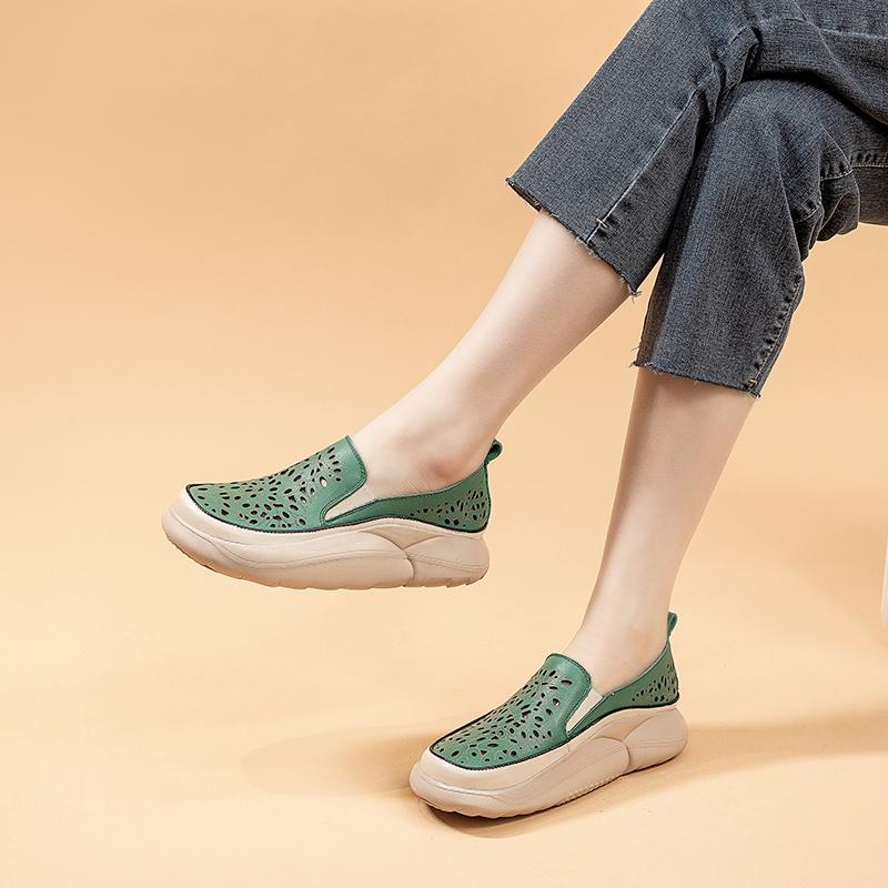 Spring and Summer New Retro Style Pattern Hollow Soft Bottom Casual Women's Shoes Genuine Leather Thick Bottom Slip-on Breathable Shoes Women's
