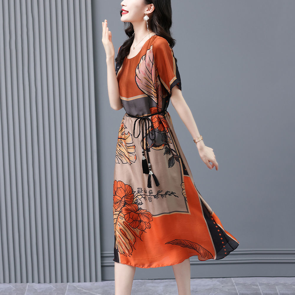 Chinese Style Silk Satin Printed Dress 2024 Summer New Fashion Big Brand Temperament Western Style Mulberry Silk Skirt