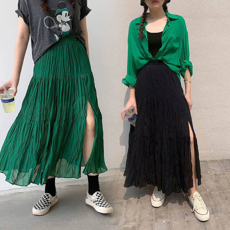 Chiffon Floral Skirt Women's Summer Thin 2023 New Split Pleated Skirt High Waist A- line Skirt Mid-Length