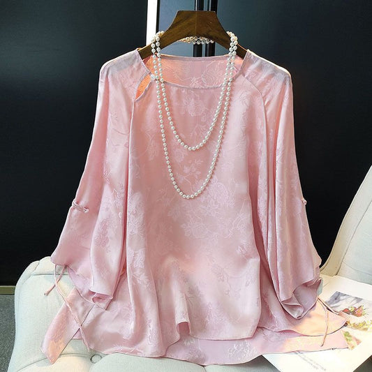 Pink Printing Imitation Mulberry Silk Top Female 2023 Spring New Chinese Style Buckle round Neck Faux Silk Shirt