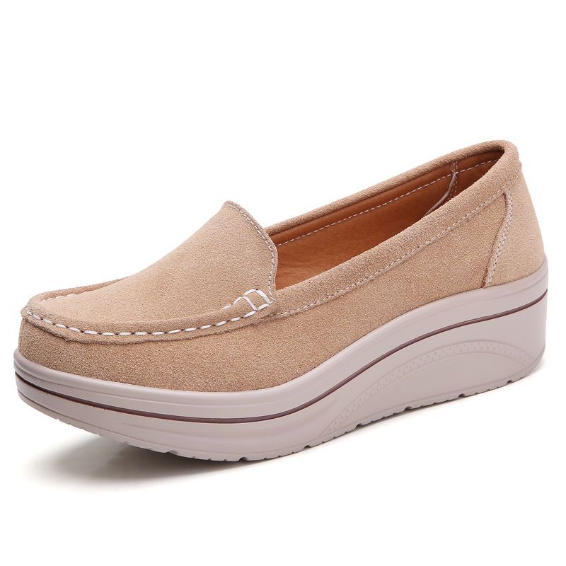 2024 Spring Platform Shake Shoes Slip-on Loafers Genuine Leather Muffin Shoes Comfortable Low-Cut Wedge Large Size Women's Shoes