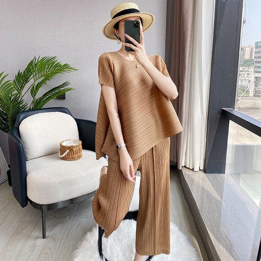 Sanzhai Pleated Fashion Casual Suit Women's Summer 2024 New Irregular Top Loose Wide Leg Pants Two-Piece Suit
