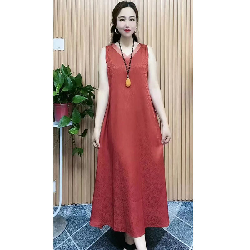 Douyin Online Influencer Popular Sleeveless Dress Acetate Satin 30-40 Years Old Mother High-End Slimming Long Women's Dress Long Skirt