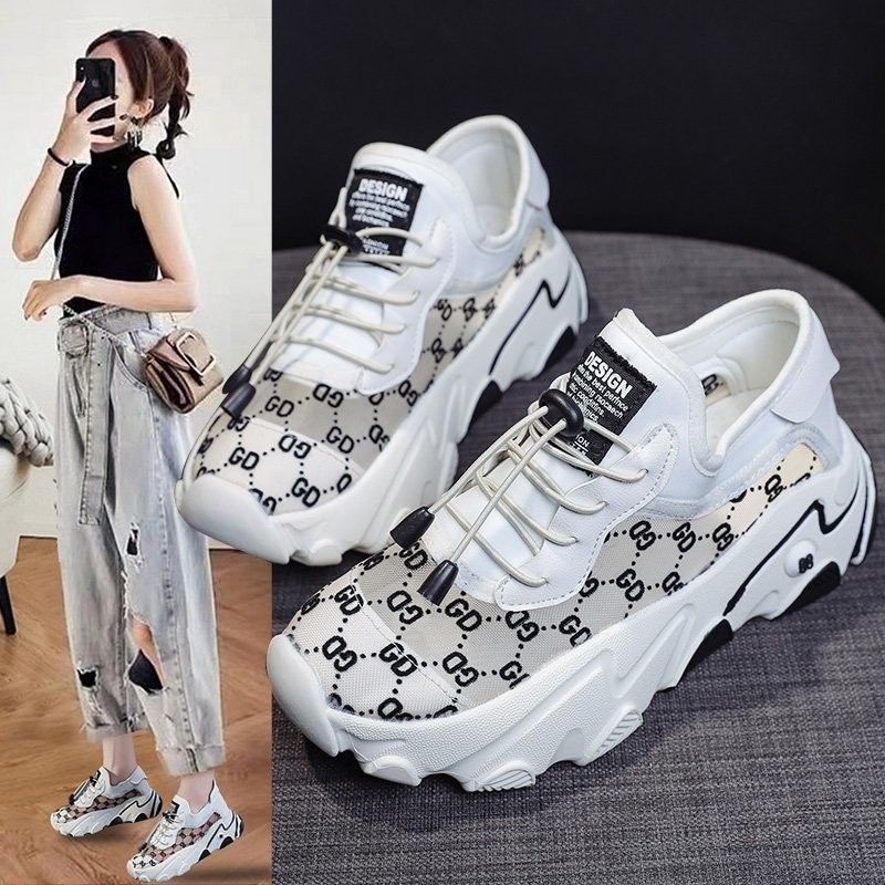 Mesh Mesh Breathable Lightweight Women's Shoes Non-Slip Vibe Style Printed Thick-Soled Lightweight Soft-Soled Trendy Platform Shoes for Women
