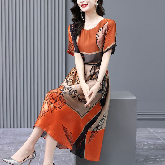 Chinese Style Silk Satin Printed Dress 2024 Summer New Fashion Big Brand Temperament Western Style Mulberry Silk Skirt