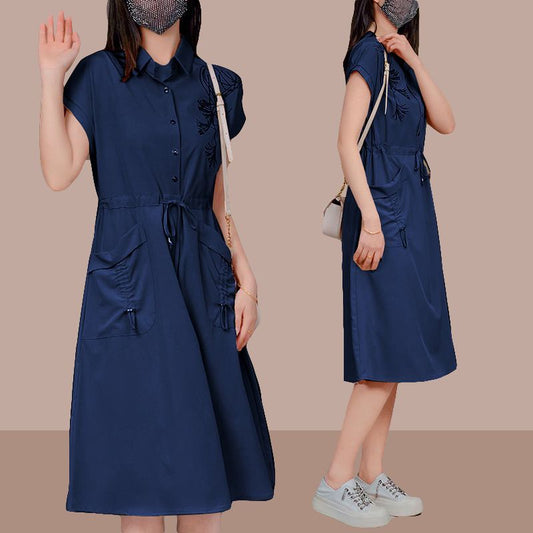 High-End Shirt Dress for Women 2024 Summer Middle-Aged Mother Fashionable Skirt Slim Looking Belly Covering Temperament Midi Skirt