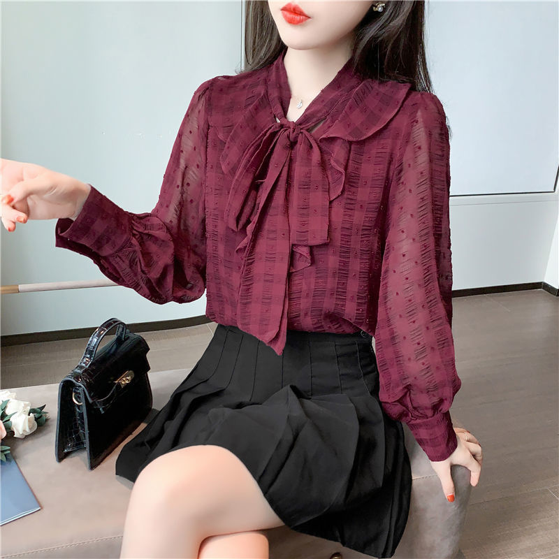 Women's Long-Sleeved Shirt 2023 Spring and Autumn New Women's Clothing Trendy Chiffon Shirt Loose High-End Bow French Top