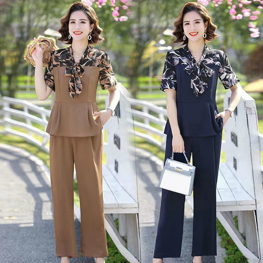 Single Piece/Suit Women's Mom Summer Clothes Slimming T-shirt Small Shirt Middle-Aged Short Sleeve Western Style Youthful Fashionable Casual Two-Piece Suit