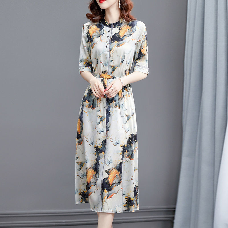 Heavy Satin Floral Dress for Women Autumn 2024 New Luxury Lady Age-Reducing Feel Cold Satin Dress