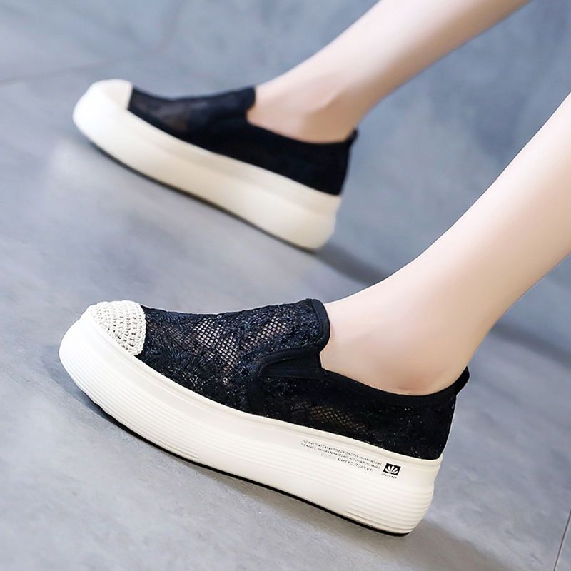 Fisherman Shoes for Women Classic Style 2023 Spring New Versatile Platform Shoes Lace Mesh Slip-on Lofter Loafers