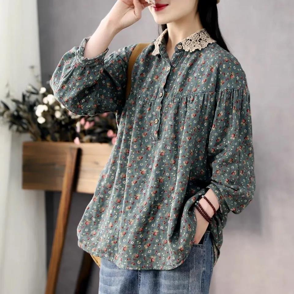 Artistic Fresh Spring Printed Lace Collar Thin Women's Long Sleeve Loose Lazy Style Doll Collar Fat Women's Clothing