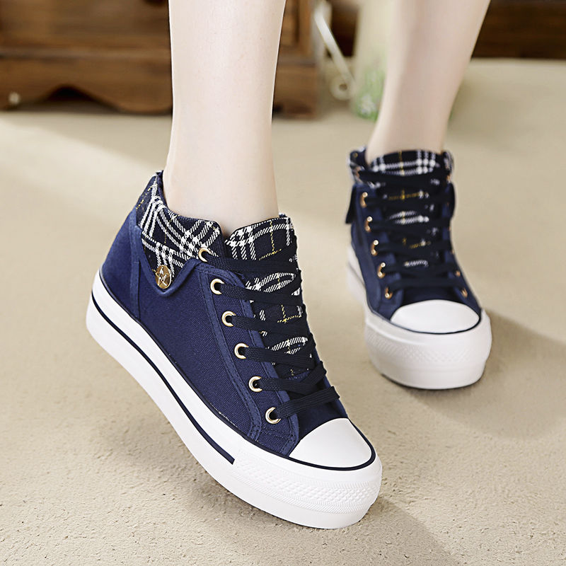 2024 Spring New Canvas Shoes Women's Shoes Thick Bottom Height Increasing Insole Korean Style Color Matching Muffin Student Shoes Trendy Cloth Shoes