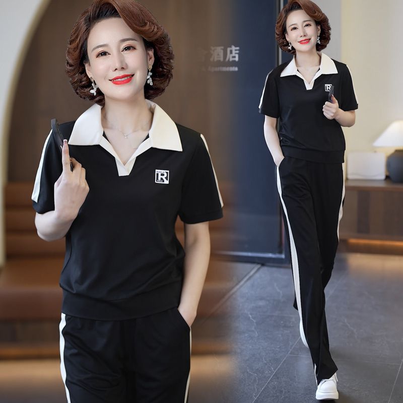 High-End Mom Summer Wear Western Style New Sports Suit Middle-Aged and Elderly Women Temperament Short-Sleeved Shirt Casual Two-Piece Suit