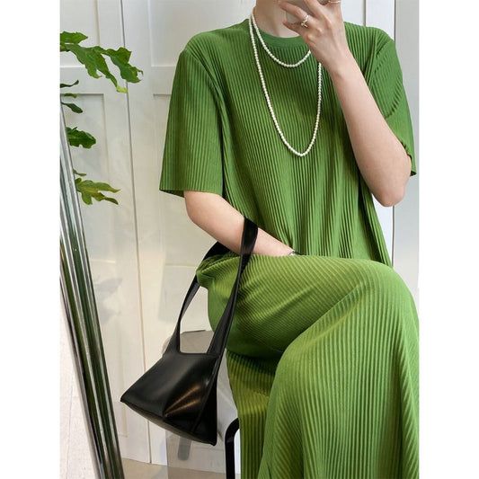 Pleated T-shirt Dress for Women Summer Large Size Loose Casual Mid-Length over-the-Knee Straight Lazy Dress for Plump Girls