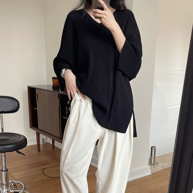 Summer Women's V-neck Mid-Length 3/4 Sleeve Loose Slimming Thin Ice Silk Knitted T-shirt Women's Top Large Size Women's Clothing