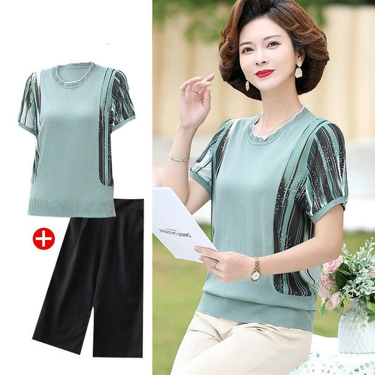 Mom's Summer Suit Western Style Middle-Aged Women's Short-Sleeved T-shirt Middle-Aged and Elderly Women's Elegant Top Two-Piece Suit