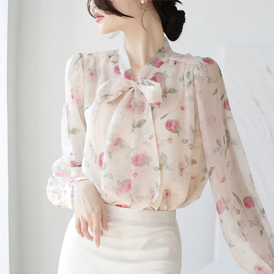French Thin Bow This Year Popular Chiffon Shirt for Women 2023 Autumn New Puff Sleeve Top Western Style