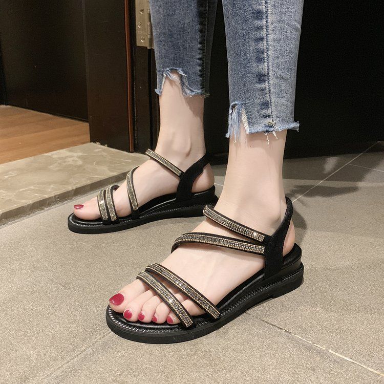 Women's Sandals 2024 New Roman Shoes Casual Women's Summer Korean Style Flat for Outdoors Rhinestone Fairy All-Match Fashion Non-Slip