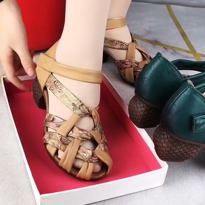 Chunky Heel Sandals Women's Real Soft Leather Summer New Ethnic Style Casual Retro Temperament Dancing Mid Heel Woven Women's Shoes